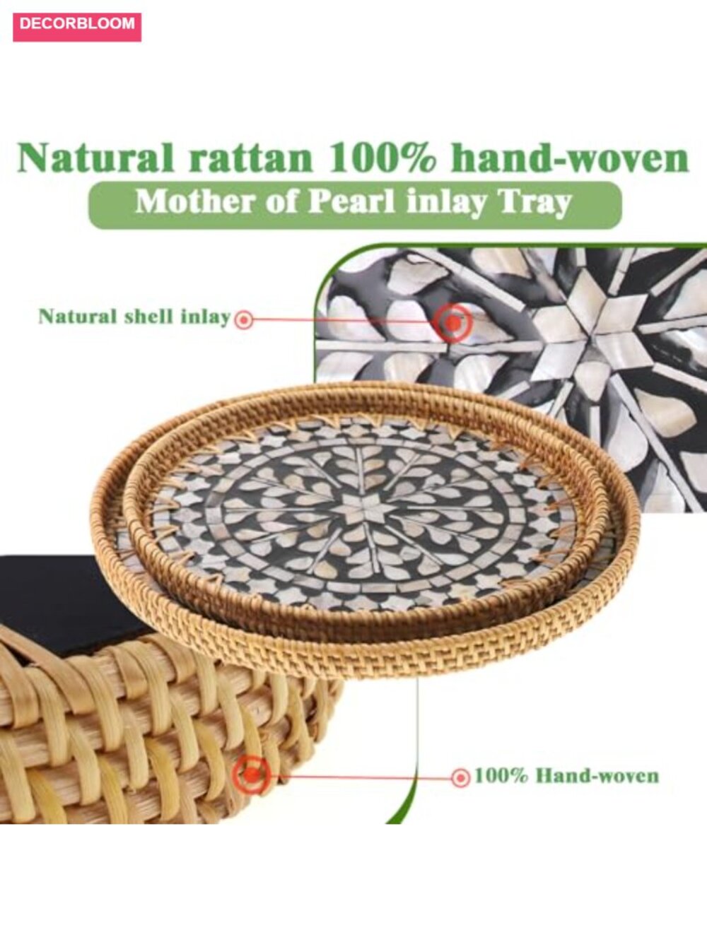 Set of 2 Round Rattan Serving Trays with Mother of Pearl Inlay - Picture 6 of 6